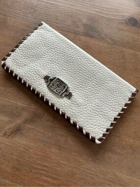 Brighton Cream Leather Wallet Checkbook Cover, Card Holder Brown Whipstitch Trim